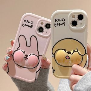 Cell Phone Cases Korean Funny Elastic Puff 3D Bunny Case For iPhone 14 13 12 11 Pro Max X XS XR 7 8 Plus SE 3 Couple Soft Shockproof Cover 231021
