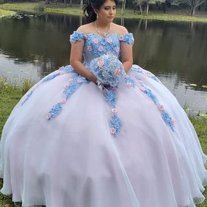 Sky Blue Quinceanera Dresses Ball Gown For Sweet Girls 3D Flowers Vestidos De XV Anos Beads Birthday Prom Dress