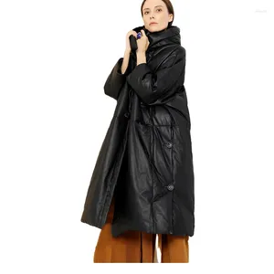 Kvinnor läder fårskinn down jacka vinter varm lös äkta lång kappa kvinnlig svart överdimensionerad huva ytterkläder
