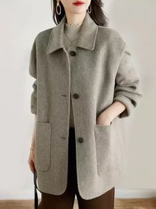 Misturas de lã feminina casacos de lã soltos para mulheres outono / inverno moda casaco cinza temperamento fino único breasted pano de lã jaqueta feminina 231020