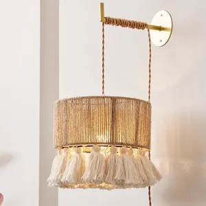 Vägglampa bohemiska wabi sabi tassel rep för vardagsrum köket retro handgjorda vävda rotting rotting lysande hängande lampor