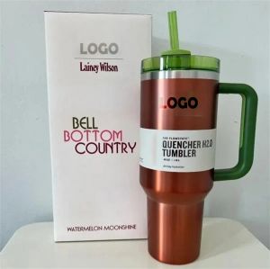 Logo Watermelon Moonshine Tumbler Quencher H2.0 40oz Tumblers Cups Coffee Mugs Cup Outdoor Camping Cup med silikonhandtag Lock och halm