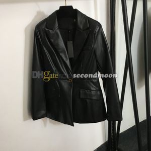 Único botão terno jaqueta feminina jaquetas de couro do plutônio lapela pescoço designer casaco mulher estilo vintage preto outerwear