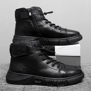 Black PU Ankle Men's Dress Leather Sports Shoes Autumn Winter Comfortable High-top Casual Fashion Platform Boots Man Round Head 23102 80