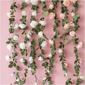 Decorative Flowers & Wreaths Decorative Flowers Artificial Rose Vine 6.5Ft Fake Silk Hanging Flower Garland Y Plant For Home Wedding P Dhql2