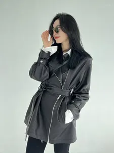 Women's Leather 2023 Spring/autumn Style Oversize Coat Medium Long Suit Collar Motorcycle Ladies' Jackets