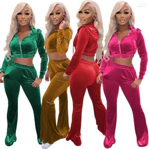 Kvinnors tvåbitar byxor Kvinnor Winter Women Casual Solid Velvet Sets Hooded Elegant Long Sleeve Top Pant Suits Female Trouser Fashion