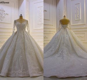 Ball Gown Lace Sequined Wedding Dresses with Long Sleeves Elegant Jewel Neck Formal Bridal Gowns Lace-up Back Princess Dubai Arabic Vestidos De Novia CL2793 s -up
