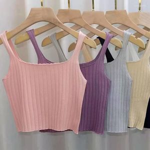 Camisoles & Tanks Women Square Neck Crop Top Female Summer Tank Tops Solid Color Lady Knitting Flounce Hem 2023