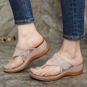 Slippers Embroidered Flower Sandals Women's Summer Wedge Breathable Flip Flops Tan Wide Foot For Women