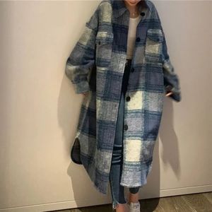 Женские шерстяные клетчатые топы в клетку, корейская верхняя одежда, женское пальто, модное весенне-зимнее женское свободное длинное шерстяное пальто, винтажное свободное пальто 231020