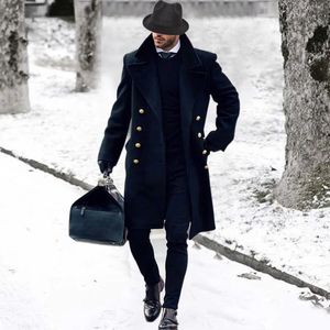 Erkek trençkotları moda kış rüzgar köpürü erkeklerin ceketleri çift müfreze tokası kıyafetleri erkek uzun ceket göğüslü lacivert lacivert s 3xl 231021