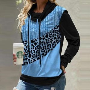 Kvinnors hoodies retro färgblock leopard tryck kvinnor tröja hösthög krage dragkammare topp pullover vinter långärmad skarvad