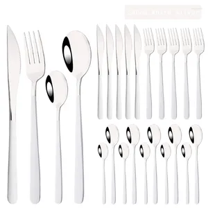 Servis uppsättningar 24st White Silver Cotlary Set Knife Fork Tea Spoon 304 Rostfritt stål Party Kitchen Tabell Provån