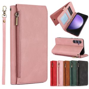 Capa de carteira de bolso de armazenamento de cartões com zíper de couro PU para Samsung Galaxy S23 FE S22 Ultra S21 S20 Note 20 A54 5G A73 A53 A33 Capa de telefone com suporte