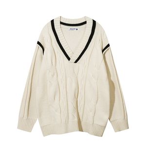 Pullover mit V-Ausschnitt, dicker Baumwollpullover, lockeres Strickoberteil für Männer und Frauen