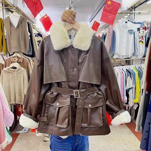 Women's Leather Korean Women Faux PU Coat With Belt Khaki Black Autumn Winter Loose Big Pocket Lamb Wool Lining Female Biker Jacket