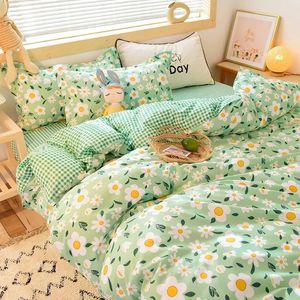 Yatak takımları ins pastoral tarzı yeşil çiçek yorgan kapağı yastık kılıfı ile prenses yatak sayfası çocuklar kızlar set kral kraliçe sevimli kawaii 231020
