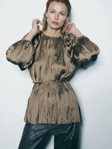 Kvinnors blusar 2023 Autumn Elegant Fashion Acetate Satin Women Topps Office Lady Long Sleeve Tunic Shirt Blusa Mujer kläder