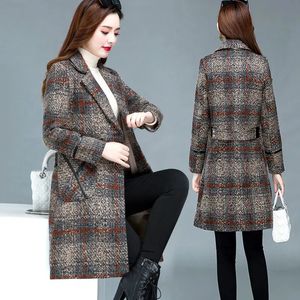 Women's Wool Blend Woolen Coat 2023 Autumn Winter Plaid Long Overcoat Women Outwear Mors kläder Kvinnliga vindbrytare toppar 231020