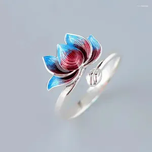 Cluster Ringe Mode Silber Farbe Kupfer Blau Rot Glück Lotus Blume Offener Finger Für Frauen Mädchen Schmuck Geschenk Dropship Großhandel