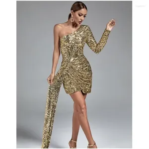 Party Dresses Europe And The United States Foreign Trade Cross-border Autumn Women's Amazon Dress Sexy One-shoulder Sequins Slim