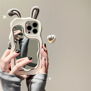 携帯電話のケース韓国の3Dウサギ耳ミラーiPhone 11 13 12 14 Pro Max Xr XS 7 8 Pluse Cute Shockproof Silicone Cover 231021