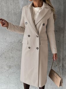 Wełniane mieszanki damskiej wełniany płaszcz Kobiety jesienna zima długą kurtkę damski vintage podwójnie piersi Kobiet elegancki zwykły stały kolor płaszcza 231020
