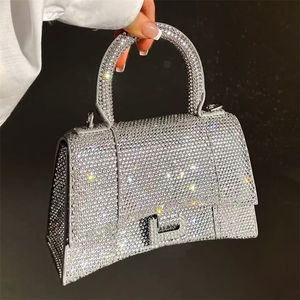 Designer timglas inlaid roston diamant tygväskor lyx äkta läder glittrar koppling crossbody med axel remmen kvinnor kvinnor handväska sommar liten väska