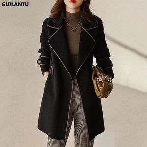 Women's Wool Blends 2023 Autumn Winter Bandage Cardigan Jacket For Women Korean Style Elegant Trench Coat Windbreaker Black Long Outerwear 231020