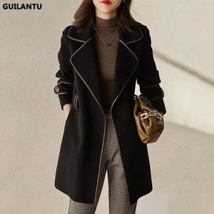 Misto lana da donna 2023 Autunno Inverno Fasciatura Cardigan Giacca per le donne Stile coreano Elegante Trench Giacca a vento Nero Lungo Capispalla 231020