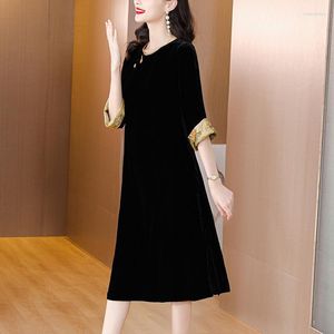 Sıradan elbiseler kadın etek kelepçeli siyah kollu yuvarlak boyun elbisesi Korean zarif gevşek bel partisi vintage bayan