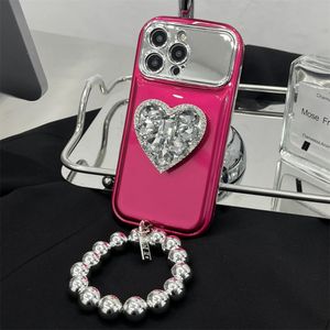 携帯電話のケース韓国のメッキハングラウンドブレスレットiPhone 13 Pro Max 14 Plus 12 11 Diamond Heart Mirror Holder Cover 231021用の大きな窓ケース