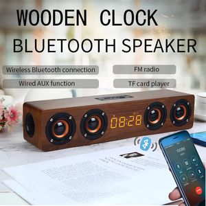 Altoparlanti per telefoni cellulari Altoparlanti Bluetooth wireless Orologio digitale in legno TV BT Sound Box Bassi pesanti Radio FM Stereo 3D Surround Sound Bar caixa de som 231020