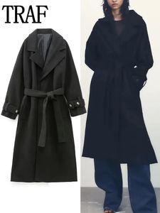 Womens Wool Blends Traf Black Coat Woman Winter Elegant Faux Sheepskin Long Women Belt Sleeve Jackets In Outerwears 231021