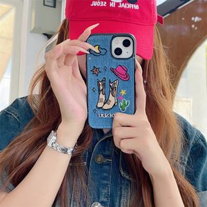 Mobiele telefoon hoesjes Koreaanse schattige 3D geborduurde cowboylaars-hoed denim telefoonhoes voor iPhone 15 Pro Max 11 12 13 14pro maansterren beschermhoes 231021