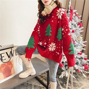 Suéteres femininos inverno solto engrossado preguiçoso vermelho natal floco de neve pulôver camisola de malha tendência feminina 231020