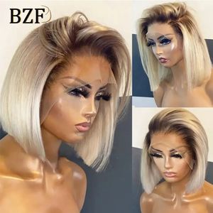 Lace Wigs Ombre Blonde Lace Front Bob Wigs For Women Cosplay Short Colored Wig Straight 200 Density Dark Roots Wig Glueless Synthetic Wig 231020