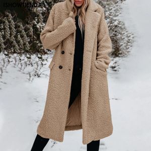 レディースウールブレンド女性冬の暖かいジャケットぬいぐるみフェイクファーダブル胸肉長いラペル毛皮のポケットコートオーバーコートパイロット231020