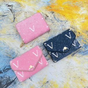 Bolsas de luxo femininas carteiras curtas marca de luxo denim bordado carta carteira ferrolho dobrável portátil bolsas de moedas azul rosa feminino sacos de embreagem zippy bolso bolsas