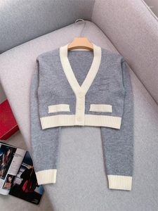 Women's Knits 2023 Fall French Clothes Fashion Office Lady V-neck Collision Short Section Wool Grey Knitted Cardigan Jacket Women