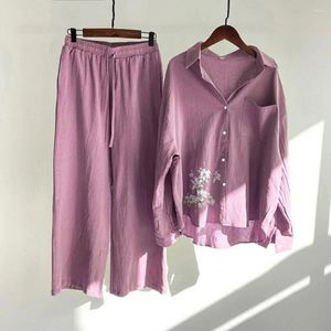 Women's Two Piece Pants Women Shirt Suit Turn-down Collar Pocket Long Sleeves Flower Solid Casual Top Loose Elastic Drawstring Wide Leg