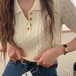 Women's Sweaters Autumn White Color Pullovers Polo Neck Short Sleeves Crew Thread Casual Lady Jumpers Tops Tees Sweater