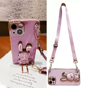 Cell Phone Cases Rabbit Bracket Crossbody Lanyard Case For iPhone 14 13 12 11 Pro Max X XR XS 7 8 Plus SE2 Mini Plating Stand Silicon Cover 231021