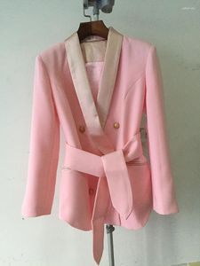 Women's Suits Pink Blazers With Belt For Women 2023 Autumn Winter Fashion Casual Long Sleeve Jacket Coat Double Button Slim