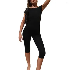 Aktiva uppsättningar kvinnor inslagna romper rygglösa runda hals korta ärmar sommar gata jumpsuit yogabyxor set sportkläder