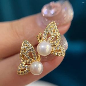 Stud Earrings 2023 Shiny Crystal Butterfly Design Natural Freshwater Pearl 14k Gold Filled Female Jewelry For Women Gift