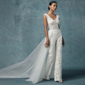 2024 Jumpsuit Wedding Dresses With Detachable Train Bride Pants Suit Lace Appliqued Sleeveless Women Bridal Outfits Gowns Backless Custom Made ALI88