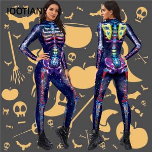 Korkunç İskelet Basılı Bodysuit Cadılar Bayramı Partisi Cosplay Kostümü Yetişkin tulumları için Zentai Catsuit Karnaval Giyim