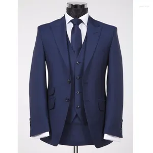 Men's Suits Navy Blue Groom Tuxedo For Men 3 Piece Slim Fit Man With Peaked Lapel Custom Formal Male Fashion Costume Jacket Waistcoat